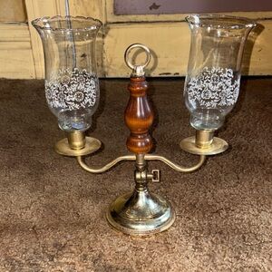 Vintage Home Interiors Brass and Wood Double Candle Holder with Glass Shades